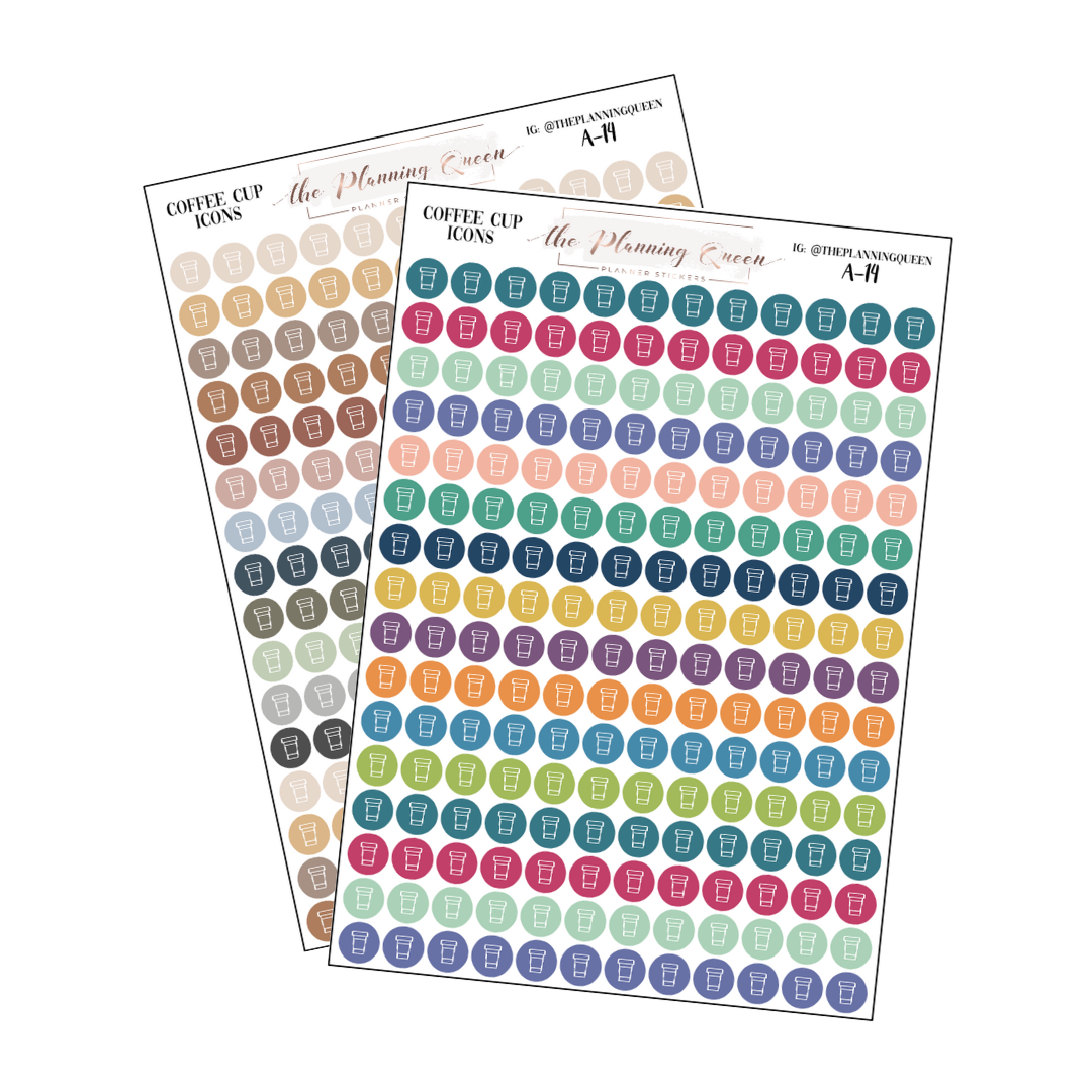 Coffee cup icon planner stickers, multicolor icon stickers, 384 stickers 0.3" in diameter, MINI icon stickers, But first COFFEE, Drink icon stickers, Coffee date stickers, stickers for calendar