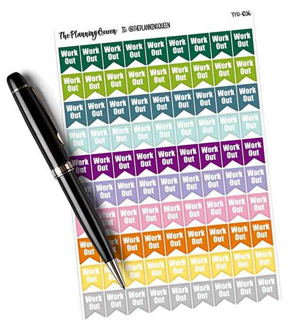 TPQ-036 Work Out Planner Stickers, Health and Wellness Planner Stickers for Calendars and Journals, Fitness Flags, Gym Work Out Reminders, Fitness Tracking, 90 Stickers, Exercise Stickers