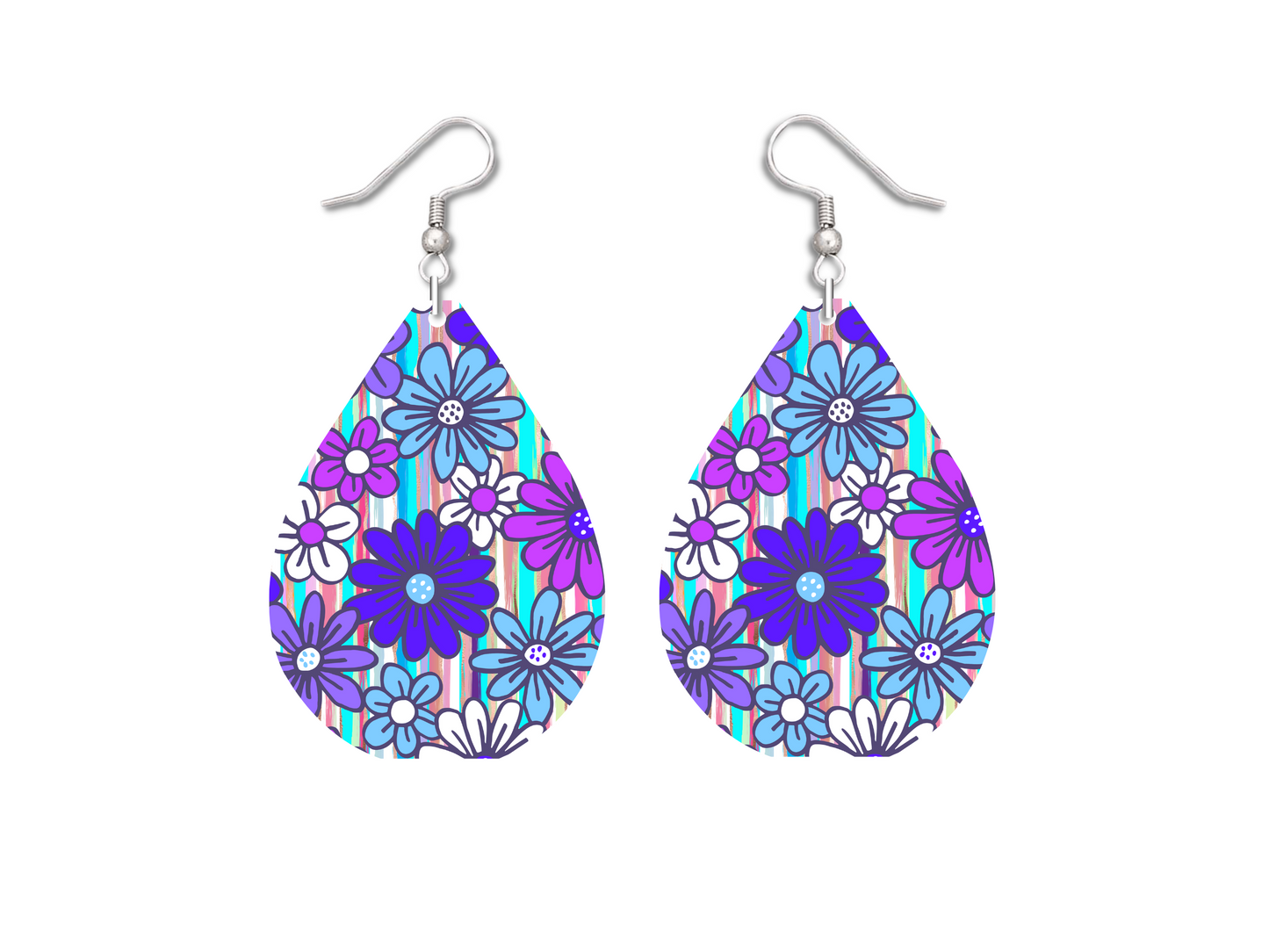 Enchanting Blossoms: Teardrop Earrings in Bright Blue, Purple, and Pink