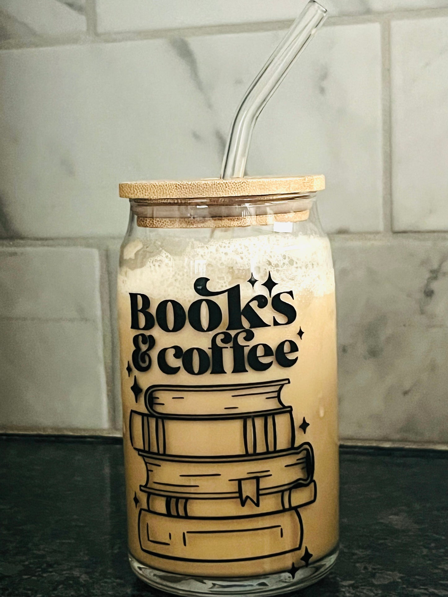 Books & Coffee 16 oz Libby Glass Can Cup