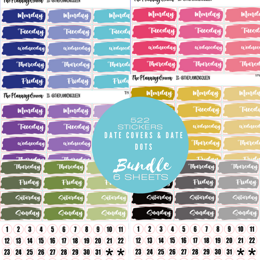 TPQ-014 Date Cover and Date Dots Bundle, Date Covers Planner Stickers, Date Covers Planner Stickers in Rainbow Colors