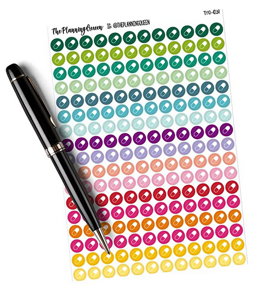 TPQ-031 Medication Icon for Planners, Medication reminder stickers, Take pills stickers, Mini icon stickers for medication reminders, refill reminder 0.3" diameter, 204 Stickers total