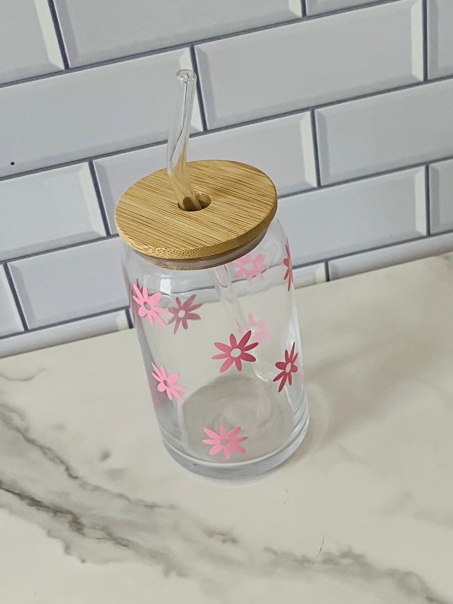16oz Pink Daisy Glass Can Cup